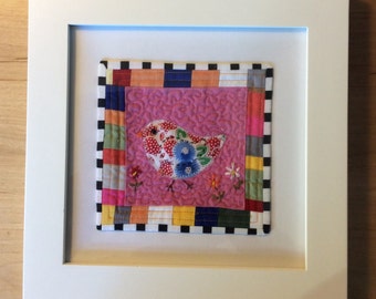 Happy chick quilt , Quilted Art, quilted wall hanging, home decor, fabric wall art, modern art quilt