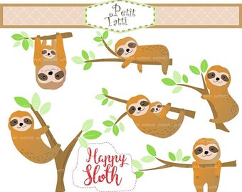 ON SALE Sloth Clip Art // Cute Sloth Clip Art, Happy Sloth Clip Art, sloth on the tree Clipart,slow animal ,Clip art,scrapbooking,printable