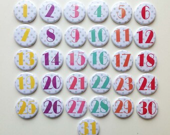 Monthly Calendar Magnets - bright colourful numbers 1-31