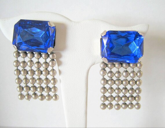 Sterling Silver Earrings, Blue Sapphire Glass Stones, Sterling Bead Dangles