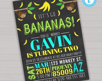 Monkey Birthday Invitation, Monkey Birthday Party, Monkey Invitation, Editable Birthday Invitation Boy, Let's Go Bananas, Monkey Party