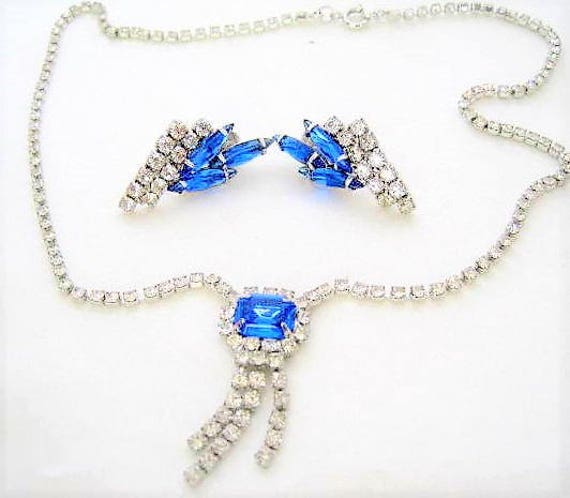 Blue Rhinestone Necklace Set, Art Deco Style, Clear Rhinestone Tassel, Vintage Wedding Set