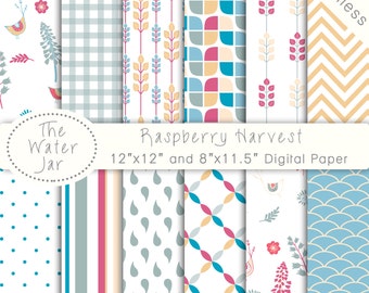 Digital Paper Commercial Use, Summer Digital Paper, Printable Scrapbook Paper, Digital Paper Pack, Seamless Pattern, Scrapbooking, Raspberry