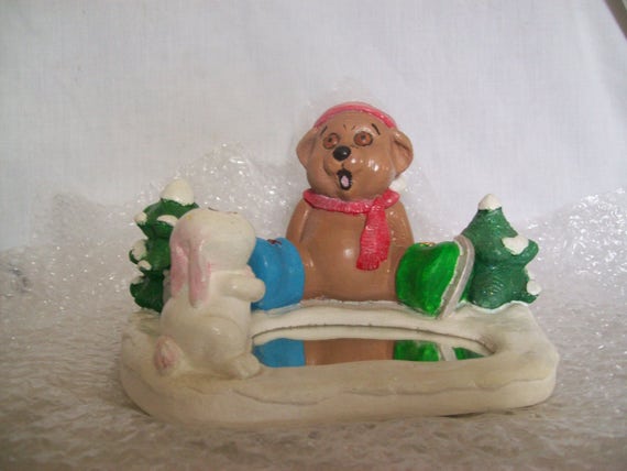 Ice skating animals, mirror lake & ice skating bear, winter scene, winter decor, christmas decor, cute childlike decor, hand painted
