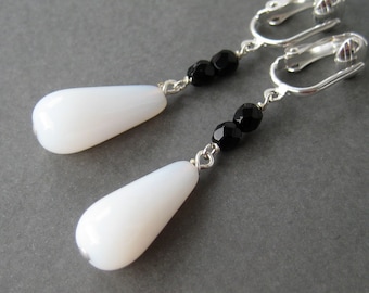 Black and White Drop Clip-on Earrings, White Glass Teardrop Dangle Clip Earrings for Non Pierced Ears, Silver Ear Clips, Leda's Sister