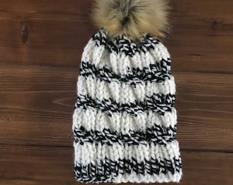 Adult Black and White Cable Toque