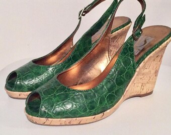 Vintage Green Slingback Wedge Peeptoe Heels / Excellent Condition / Size 8