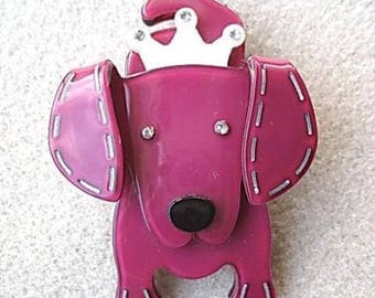 Quirky and Cute Pink and White Lucite? & Crystal Dog Brooch