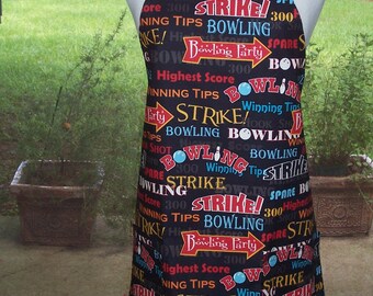 Womens Full Apron, Retro Bowling Apron, Pocket Apron, Bib Apron, Bowling Apron, Sports Apron, Black Apron, Kitchen Apron, Game Apron, Aprons