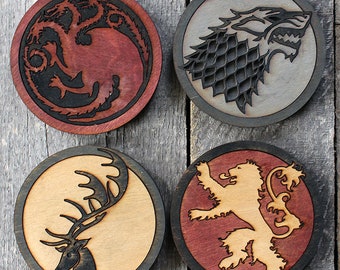 Game of Thrones 4-Piece Wood Coaster Set | Rustic/Vintage | Hand Stained and Glued | Stark | Targaryen | Lannister | Baratheon | Sigil