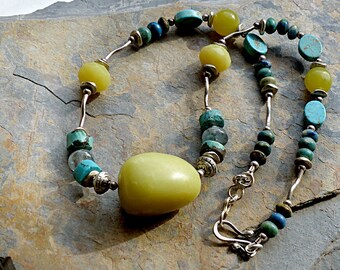 Chartreuse & Turquoise Necklace.Mixed Stones with Sterling Silver.Chunky Jade Focal Bead.Kyanite.Rustic Boho Tribal Southwest Style Jewelry