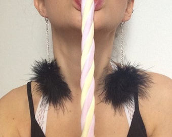 BLACK fluffy pompom dangle drop fashion earrings with silver plated chain