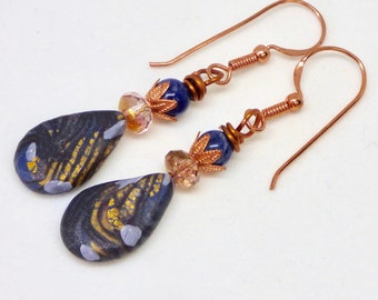 Navy Blue Earrings, Blue Sodalite Earrings, Handmade Gilded Polymer Clay Earring, Bohemian Blue and Copper Earrings, Boho Sodalite Jewelry