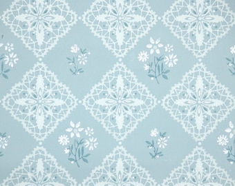1940s Vintage Wallpaper by the Yard - Blue and White Geometric with White Flowers