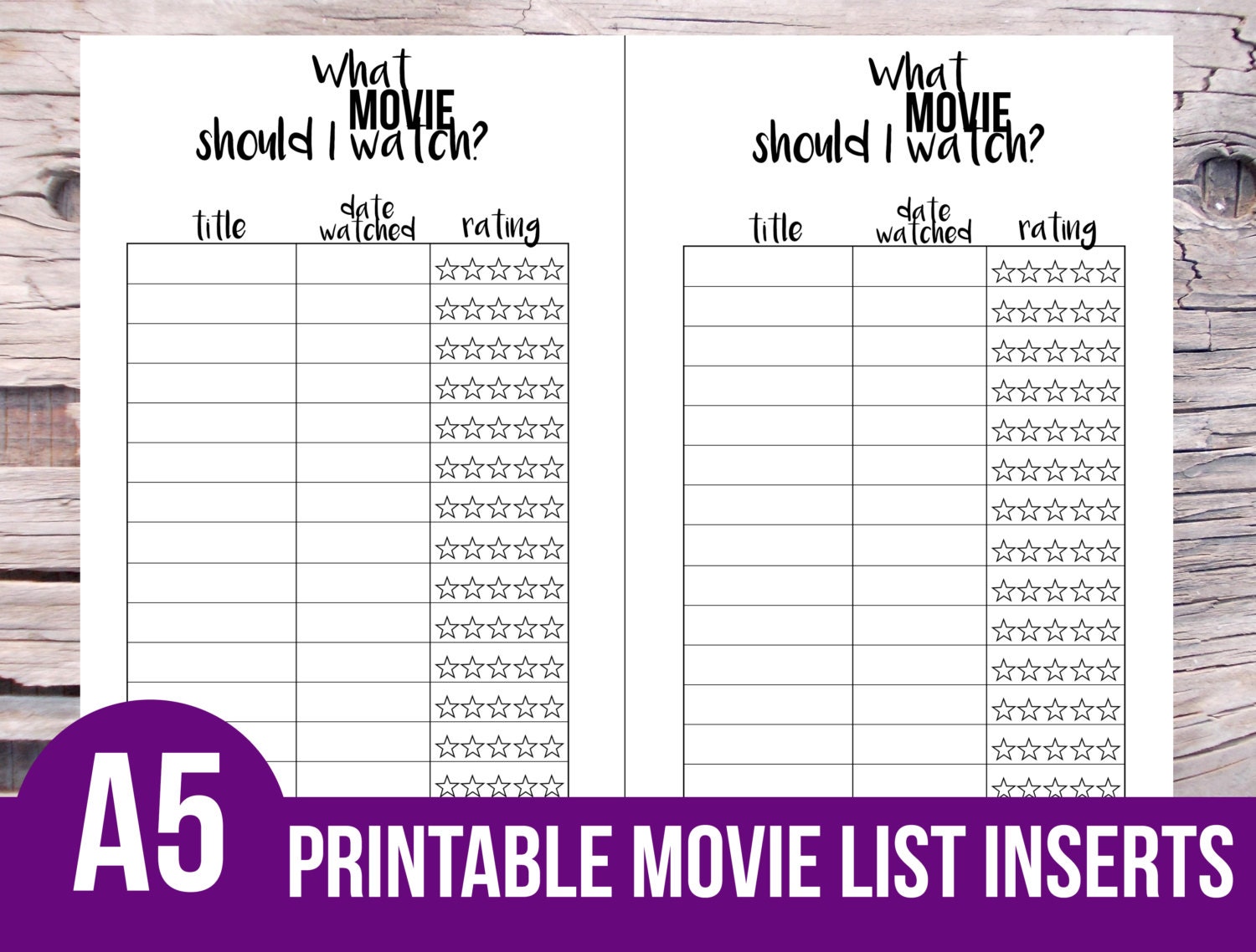 Printable A5 Movie List Inserts Kikki K Filofax Planner Movie