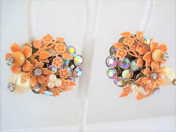 Miriam Haskell Style Earrings, Orange EnamelFloral, Pearl AB Rhinestones, Wired Back Earrings
