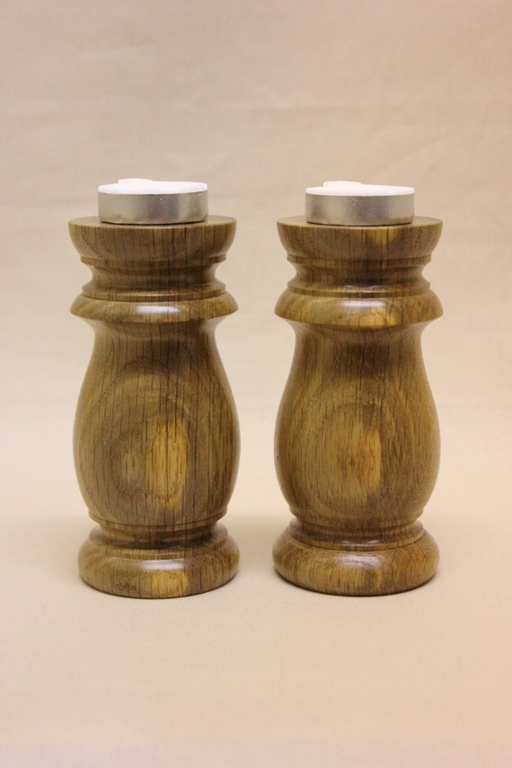 Pair of turned wooden oak candle holders