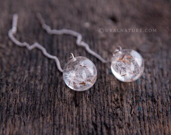 Dandelion earrings ⇷12mm⇸ Threader earrings | Dandelion jewelry | Dangle Threaders earrings | Real Dandelion threaders Crystal resin jewelry