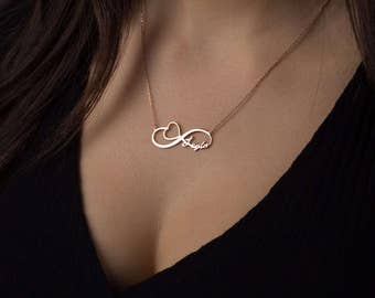 Infinity Name Necklace - Valentine's gift -Heart pendant Couple Necklace - Gold Infinity Name Necklace - Infinity Necklace - Name Written