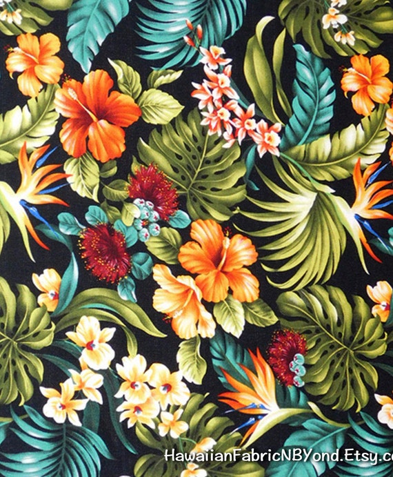 Barkcloth Tropical Fabric Hawaiian Flowers Leaves Lehua