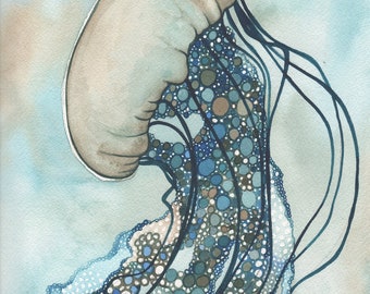Sea Nettle Jellyfish 8.5 x 11 print of hand painted detailed watercolour artwork in whimsical earth tones
