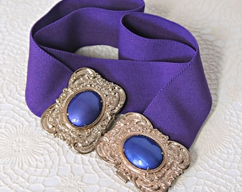 1980's Stretch Belt Purple Gold Tone Cinch Belt with Purple Stone Adjustable
