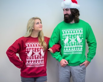 Christmas, Ugly Christmas Sweater, couples sweatshirts, matching christmas sweater, Meowy Christmas, funny sweatshirt, tacky sweater, rctees