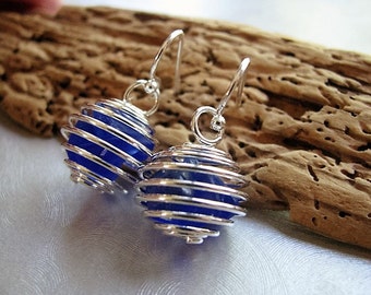 Genuine Sea Glass Earrings -Caged Sea Glass Earrings - Cobalt Blue Beach Glass Earrings- Dangle Earrings-Sea Glass from Prince Edward Island
