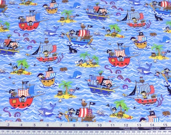 Kids Pirate Ships Blue 100% Cotton High Quality Fabric Material Sold by the Metre