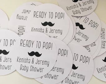 Ready to Pop! stickers - 24 - 2 inch circle stickers - baby shower - mustache Sticker - Baby Boy Sticker