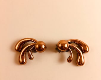 Vintage Renoir Copper Modernist Fan Clip On Earrings