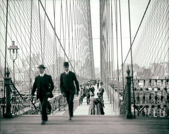 Vintage photo print New York City NYC Brooklyn Bridge pedestrians black and white photograph antique photo 1900s (1910)