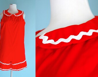 1960s Red Playsuit Shorts Romper // 60s Red Jumpsuit with White Ric Rac Trim