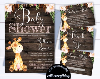 Rustic Baby Shower Invitation Template Girl Baby Shower Invite Giraffe Baby Shower Template Rustic Baby Girl Shower invitation
