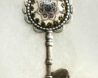 Henna tatoo print key necklace henna star key key necklace henna design printed silver key henna key henna jewelry tatoo key henna tatoo