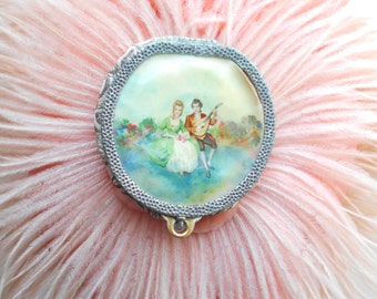 Cute Little 1940's Powder Puff/Mirror with French Couple