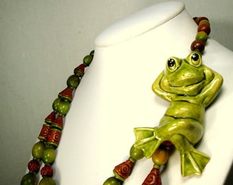 Frog Ceramic Focal on Green & Brown Organic Wood Bead Necklace, OOAK BY Rachelle Starr, Recycled Ecochic