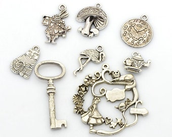 8 Pc Antique Silver Alice in Wonderland Charm Set (B145a)