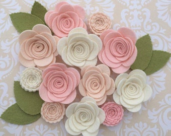 Handmade Wool Felt Flowers, Ivory, pink skin and beige skin