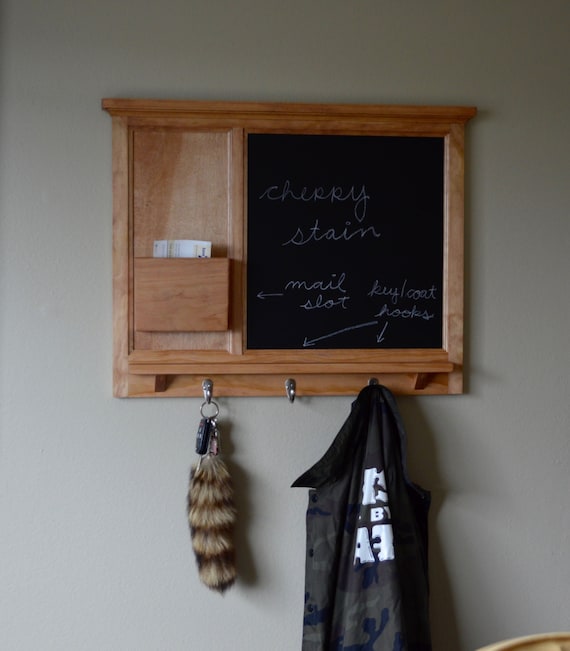 Cherry Stained Chalkboard Mail Organizer letter holder Key / Coat / Hat rack - RusTic - Home Decor