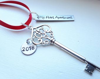 My First Apartment 2018 Personalized Hand Stamped Our New House Christmas Ornament With Skeleton Key Charm My First Apartment 2018 Personalized Hand Stamped Our New House Christmas Ornament With Skeleton Key Charm