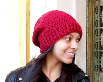 Crochet Slouchy Hat, Women, Teen, Men, Claret, Dark Red,
