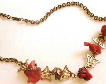 Vintage 1970's Miriam Haskell Necklace of Raw Coral and Russian Gold