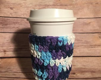 Dark Purple Blue Navy and White Colored Crochet Coffee Cozy, Drink Sleeve
