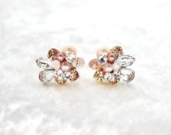 Rose Gold Earrings- Art Deco Bridal Studs- Blush Bridal Studs- Cluster Earrings- Rose Gold Studs- Clip Earrings- Vintage Inspired Studs