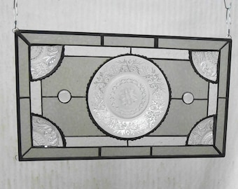 Stained Glass Window Panel Recycled Vintage Tiara Sandwich Glass Plates, Stained Glass Transom Window, Handmade Antique Glass Window Valance