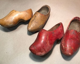 Vintage Handmade Dutch Clogs for Children 2 Pairs, Golden Yellow and Ruby Red, Carved from Solid Wood Painted with organic pigments