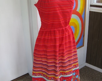 70s Red Floral Cotton Sun Dress by Dash About / M / L