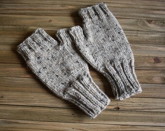 Knit Fingerless Gloves Texting Knit Oatmeal Tweed Winter