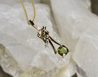 Green Tourmaline Pendant Necklace with Diamond,Tourmaline Gold Necklace , Gold Pendant on 18 inch Chain